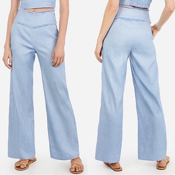 Express Wide Leg Super High Rise Linen Blend Pants Size 4 Short - Picture 2 of 9